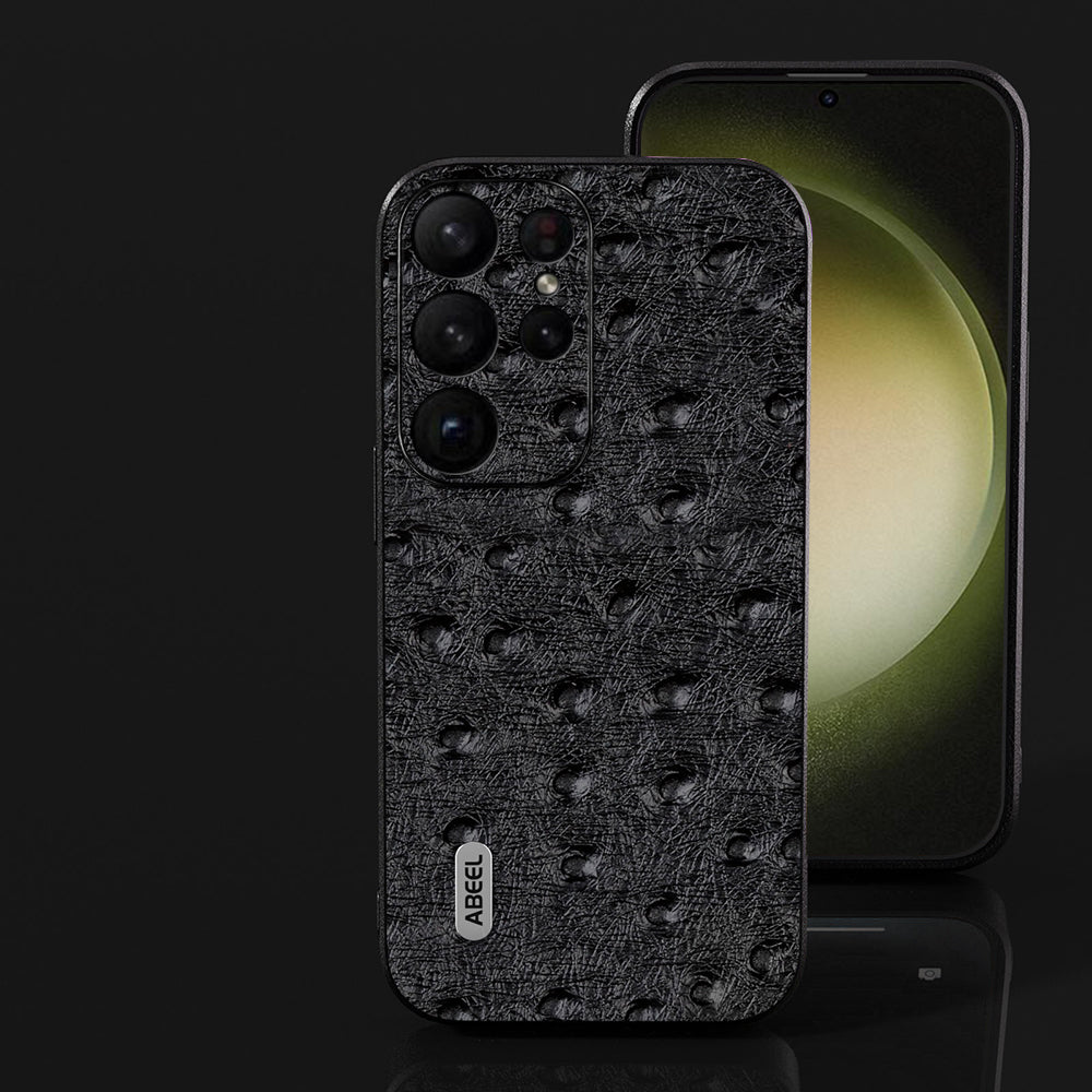 ABEEL For Samsung Galaxy S24 Ultra Case Genuine Cow Leather Ostrich Texture Back Shell Cover - Black