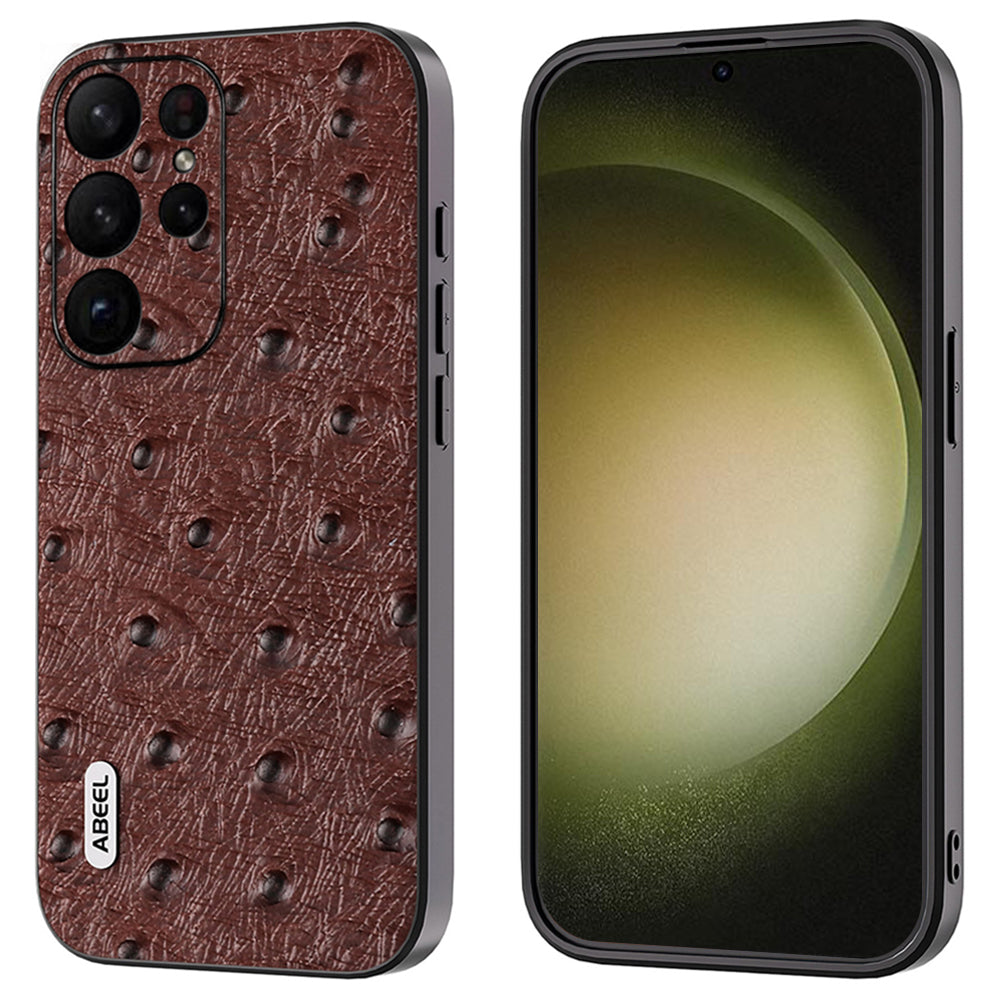 ABEEL For Samsung Galaxy S24 Ultra Case Genuine Cow Leather Ostrich Texture Back Shell Cover - Coffee