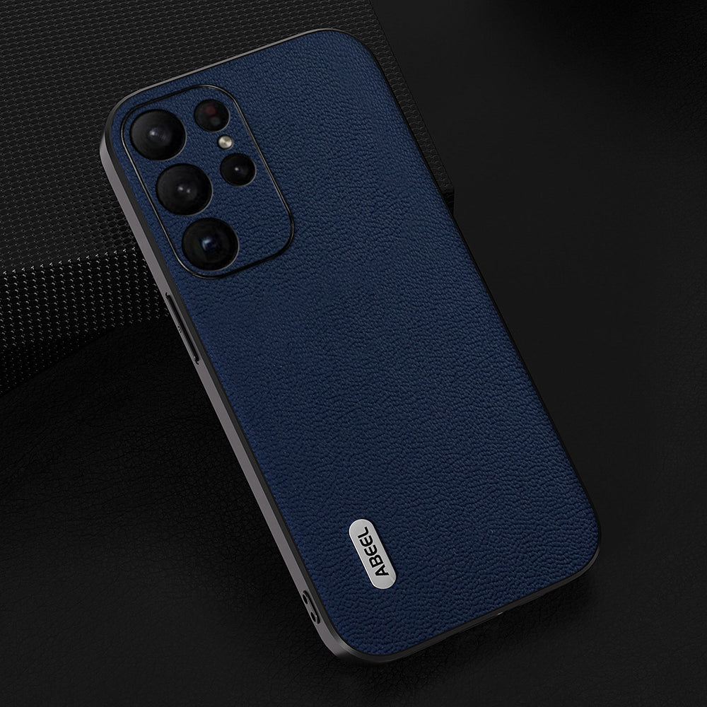 ABEEL For Samsung Galaxy S24 Ultra Case Genuine Cow Leather Litchi Texture Back Cover - Blue