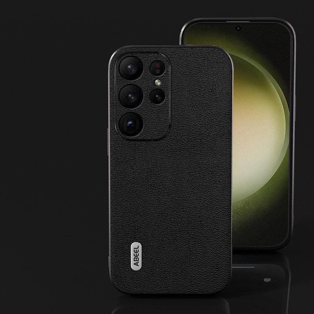 ABEEL For Samsung Galaxy S24 Ultra Case Genuine Cow Leather Litchi Texture Back Cover - Black