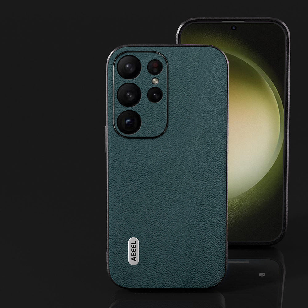 ABEEL For Samsung Galaxy S24 Ultra Case Genuine Cow Leather Litchi Texture Back Cover - Midnight Green