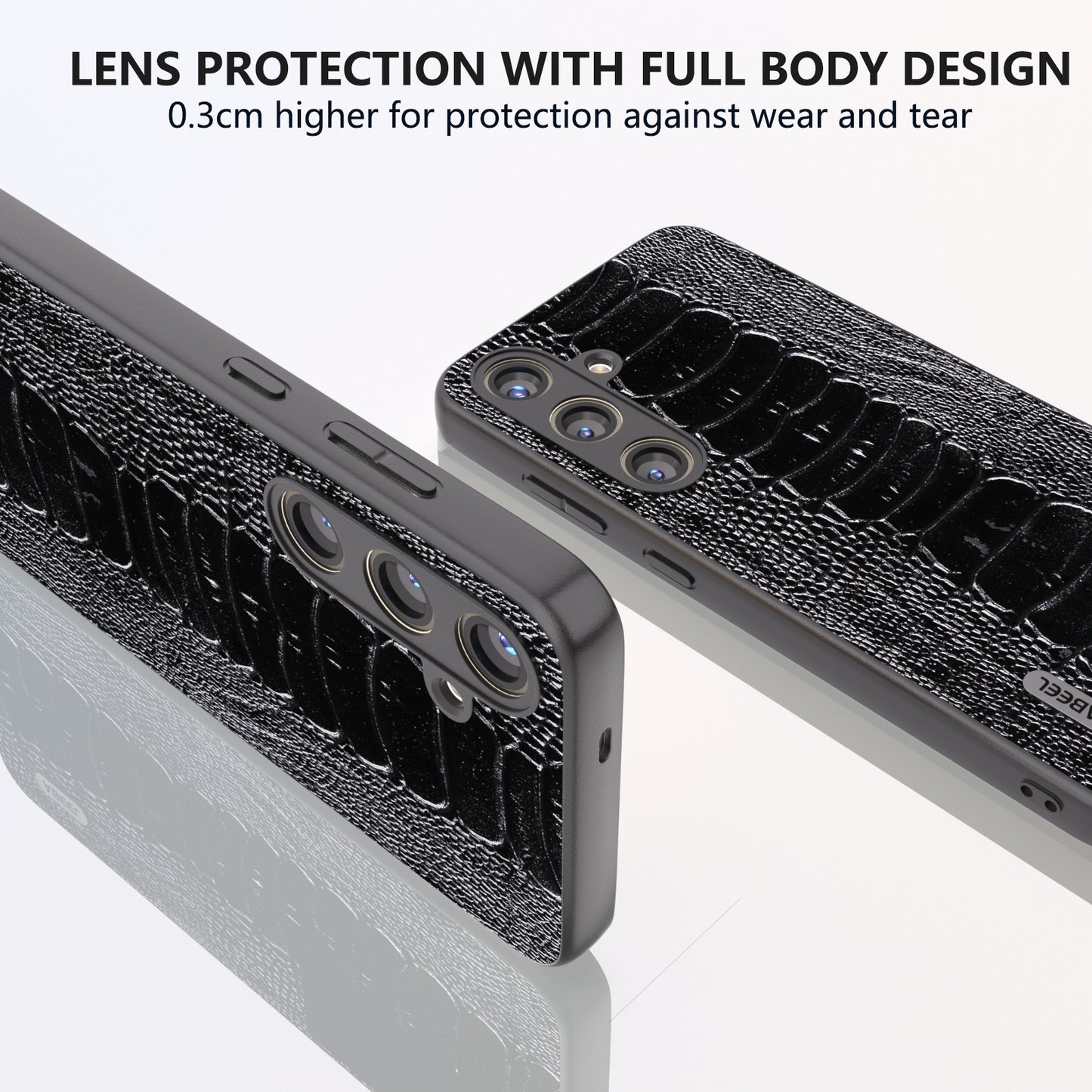 ABEEL For Samsung Galaxy S24 Phone Case Genuine Cow Leather Crocodile Texture Cover - Black