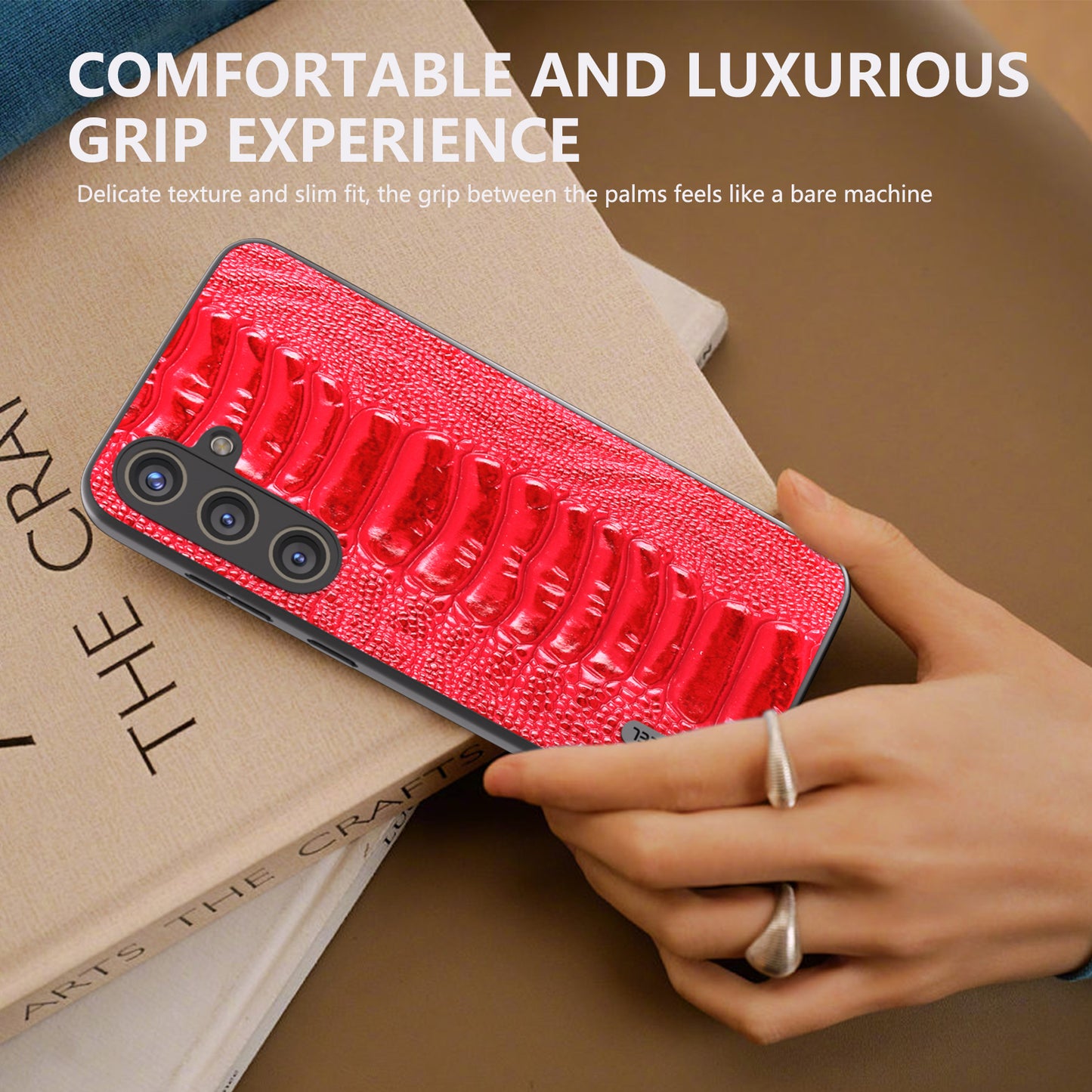 ABEEL For Samsung Galaxy S24 Phone Case Genuine Cow Leather Crocodile Texture Cover - Red