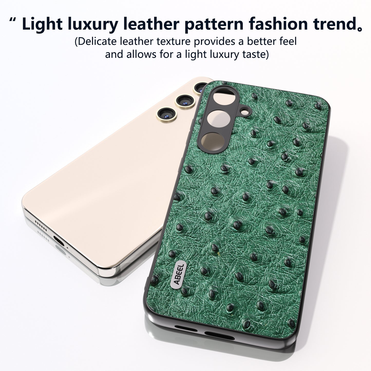 ABEEL For Samsung Galaxy S24+ Genuine Cow Leather Case Anti-slip Ostrich Pattern Phone Cover - Green