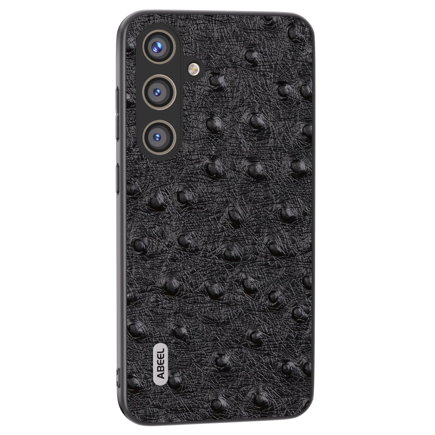 ABEEL For Samsung Galaxy S24+ Genuine Cow Leather Case Anti-slip Ostrich Pattern Phone Cover - Black