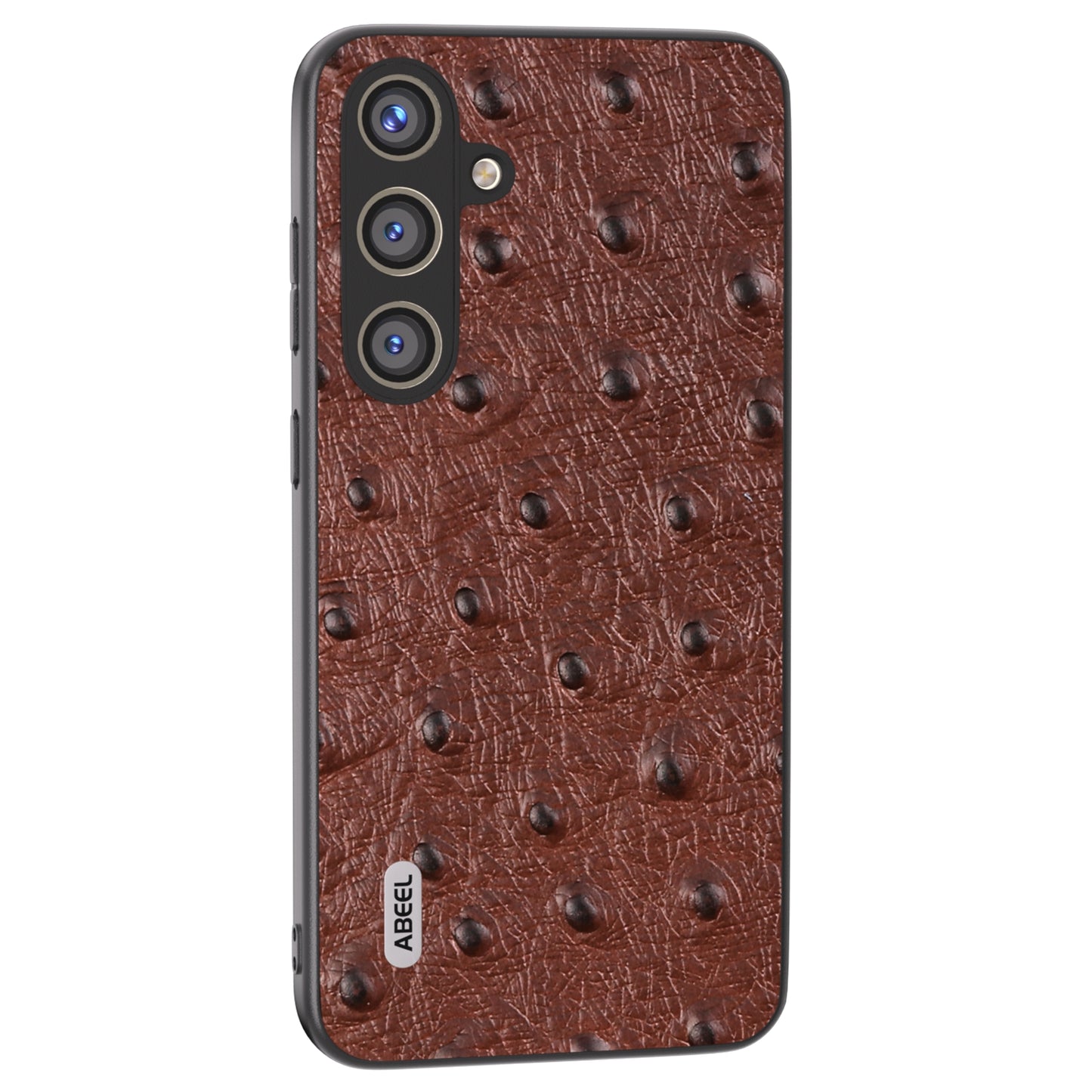 ABEEL For Samsung Galaxy S24+ Genuine Cow Leather Case Anti-slip Ostrich Pattern Phone Cover - Coffee