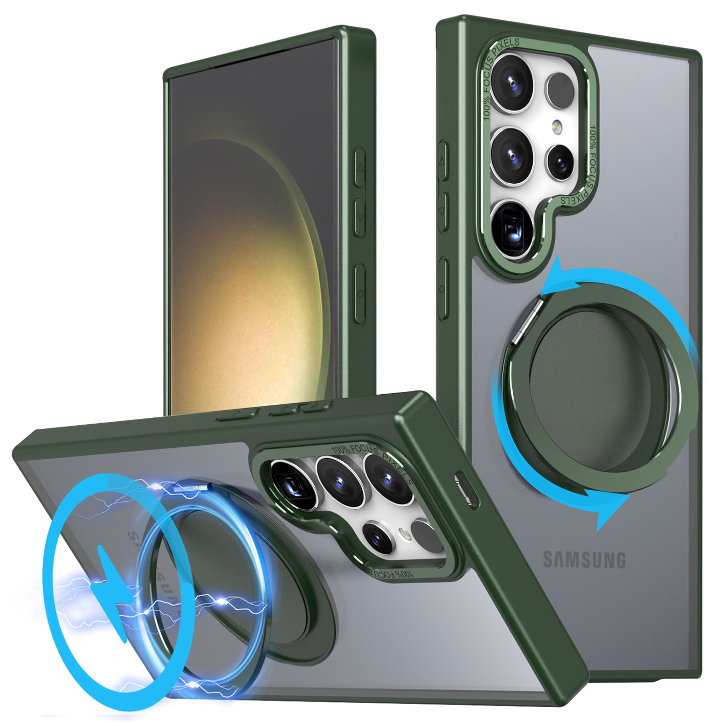 For Samsung Galaxy S24 Ultra Case Magnetic Phone Cover Rotary Ring Kickstand - Green