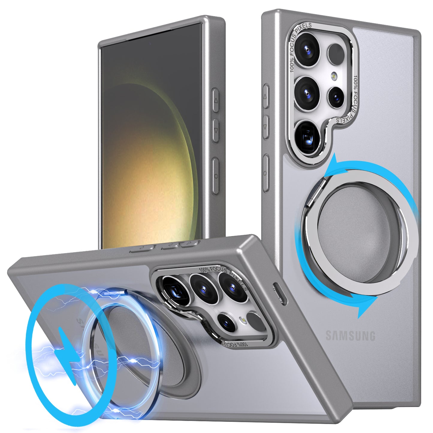 For Samsung Galaxy S24 Ultra Case Magnetic Phone Cover Rotary Ring Kickstand - Titanium Grey