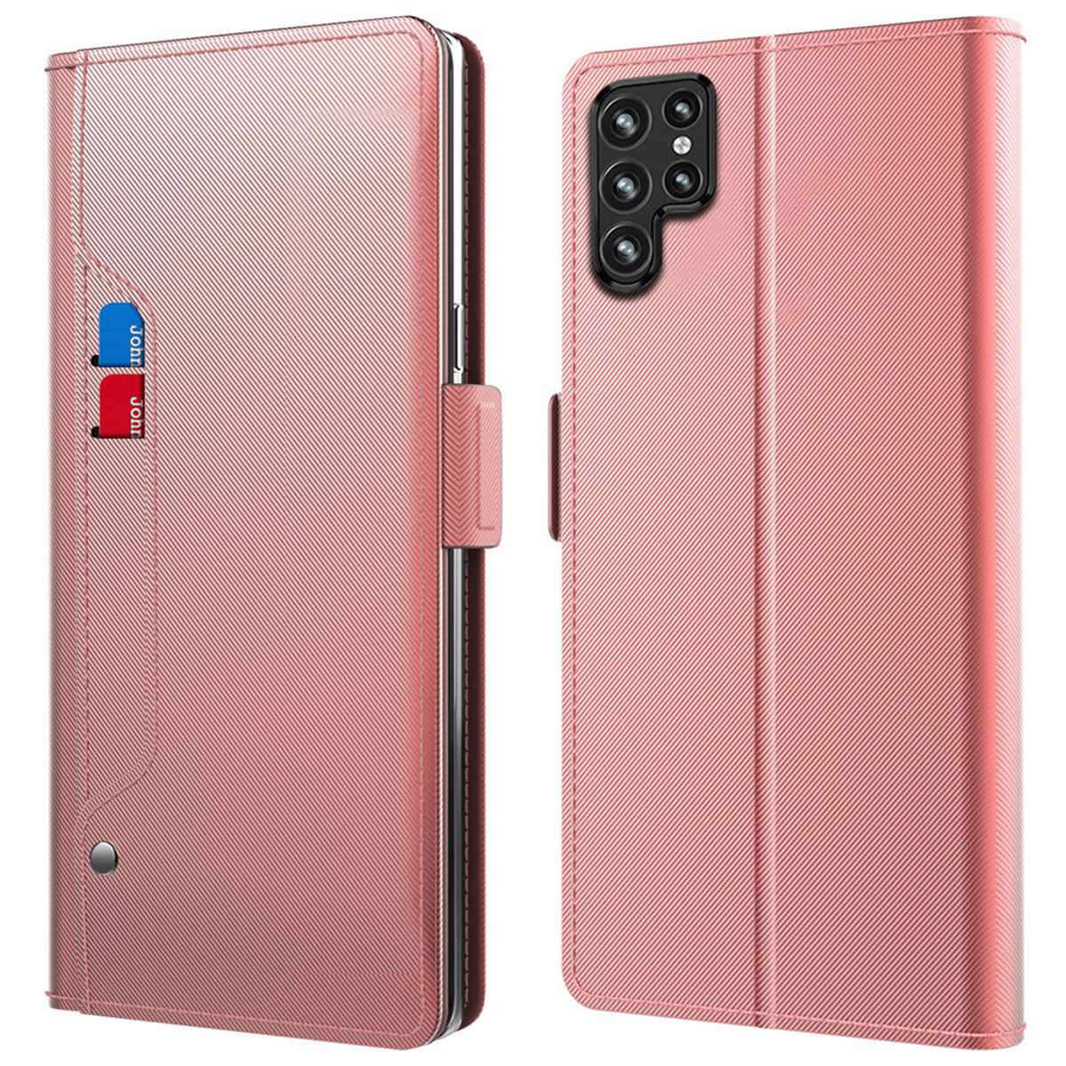For Samsung Galaxy S24 Ultra Case PU Leather Stand Mobile Phone Cover with Mirror - Rose Gold