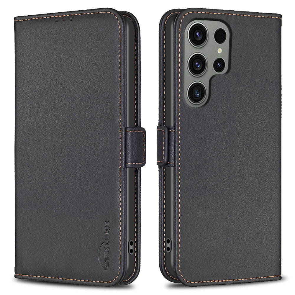 BINFEN COLOR BF31 For Samsung Galaxy S24 Ultra Case PU Leather Wallet Card Holder Protective Cover - Black