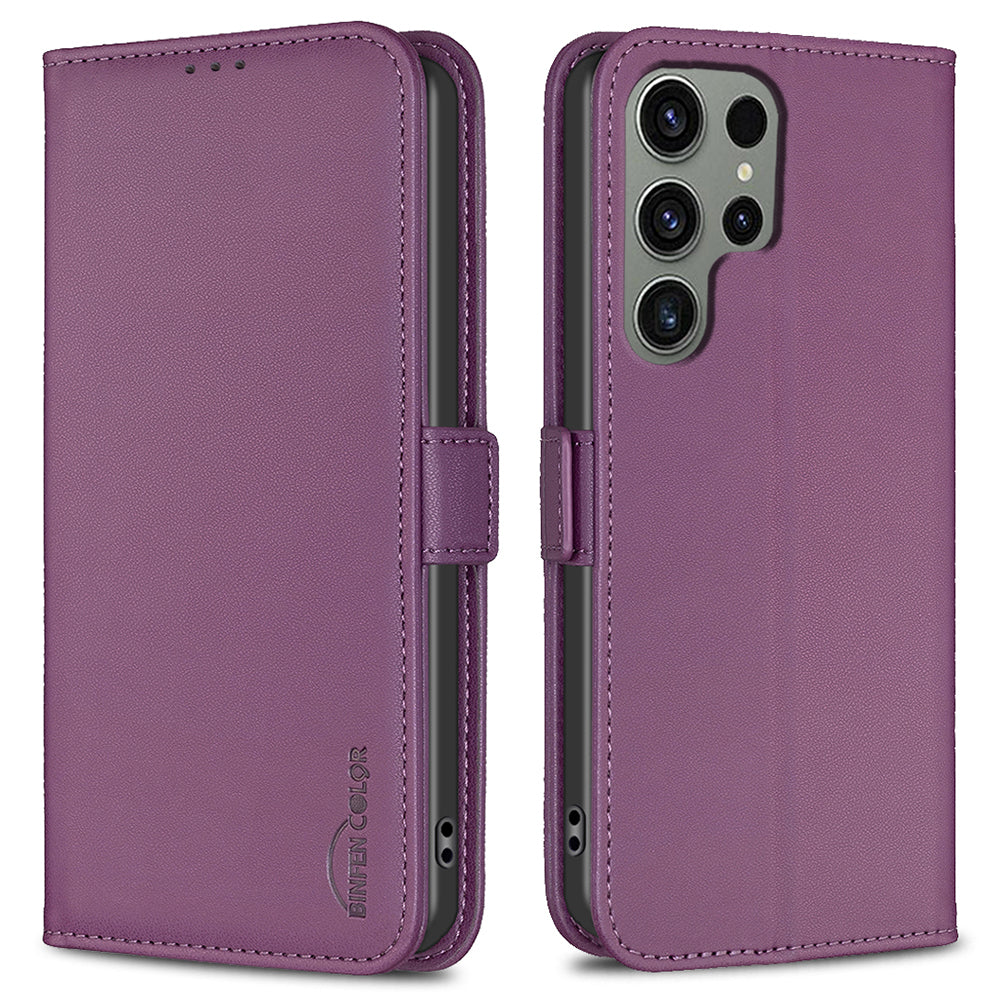 BINFEN COLOR BF31 For Samsung Galaxy S24 Ultra Case PU Leather Wallet Card Holder Protective Cover - Dark Purple
