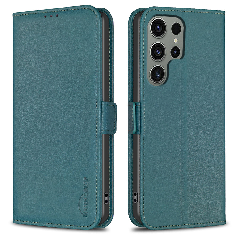 BINFEN COLOR BF31 For Samsung Galaxy S24 Ultra Case PU Leather Wallet Card Holder Protective Cover - Green