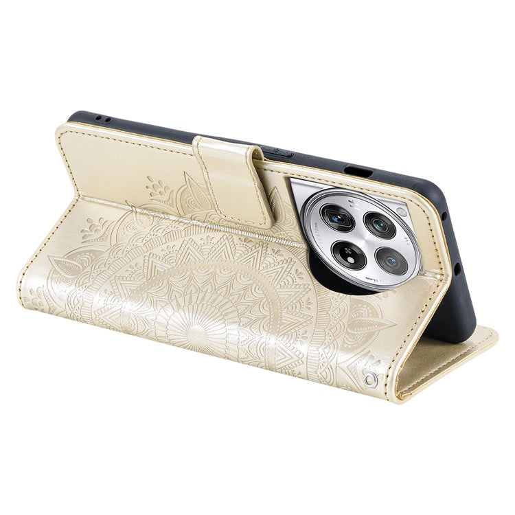 For OnePlus 12 5G Magnetic Phone Case Mandala Flower Imprinted PU Leather+TPU Cover - Gold