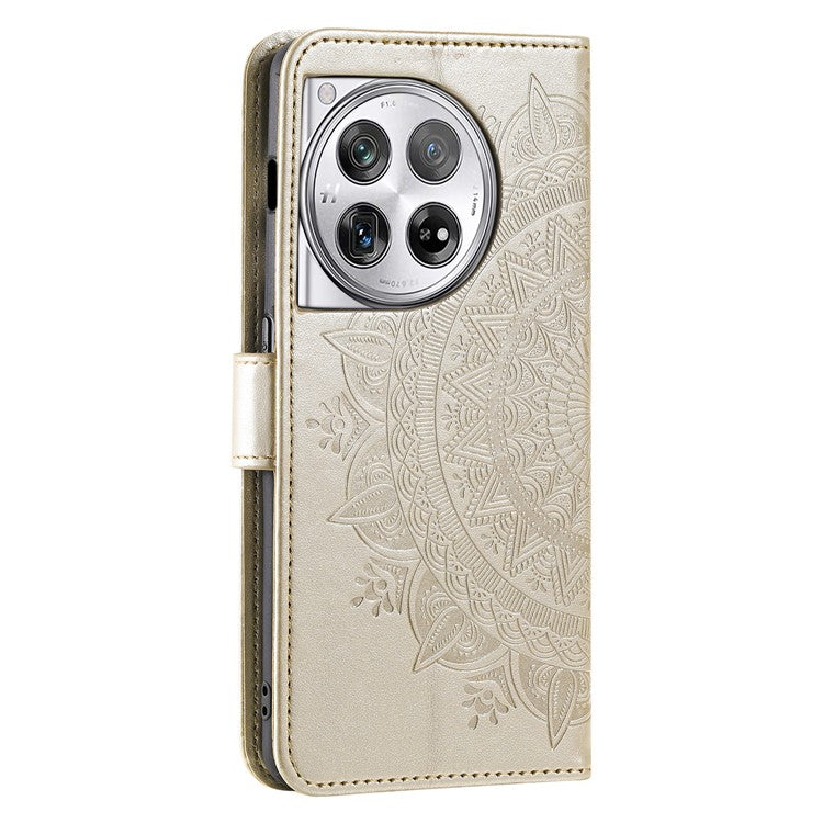 For OnePlus 12 5G Magnetic Phone Case Mandala Flower Imprinted PU Leather+TPU Cover - Gold