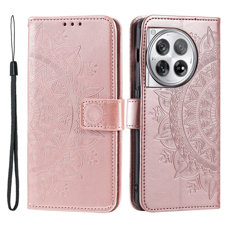 For OnePlus 12 5G Magnetic Phone Case Mandala Flower Imprinted PU Leather+TPU Cover - Rose Gold