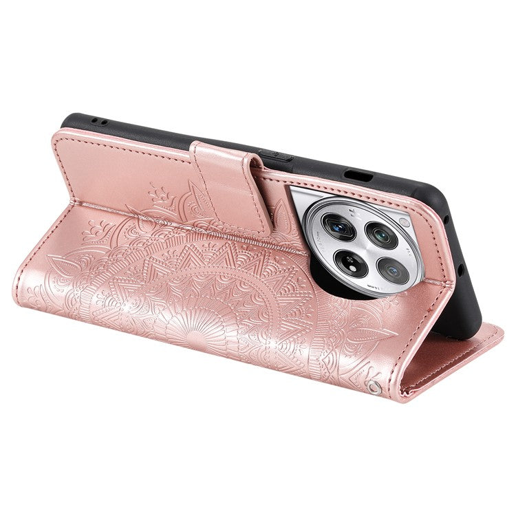 For OnePlus 12 5G Magnetic Phone Case Mandala Flower Imprinted PU Leather+TPU Cover - Rose Gold