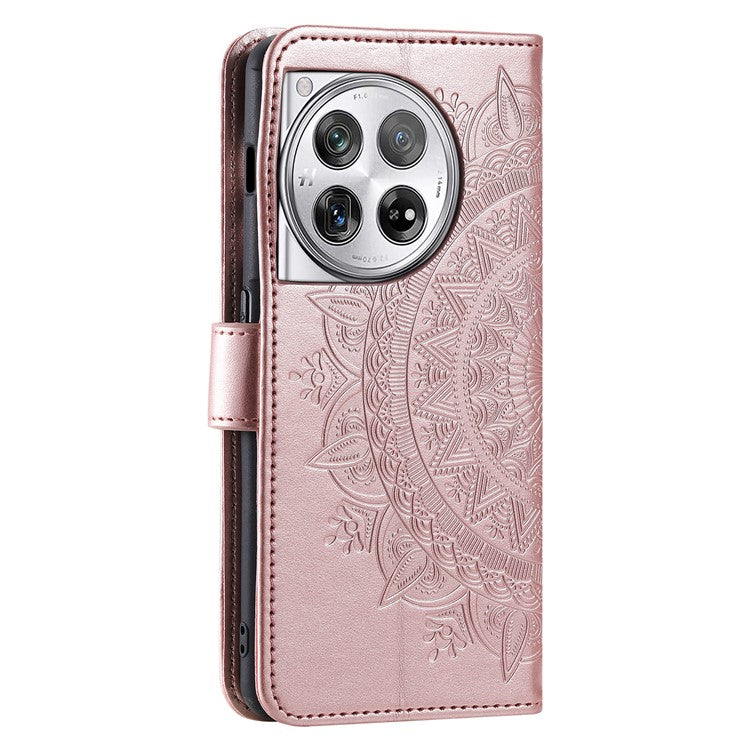 For OnePlus 12 5G Magnetic Phone Case Mandala Flower Imprinted PU Leather+TPU Cover - Rose Gold