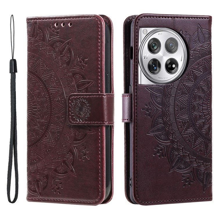 For OnePlus 12 5G Magnetic Phone Case Mandala Flower Imprinted PU Leather+TPU Cover - Brown