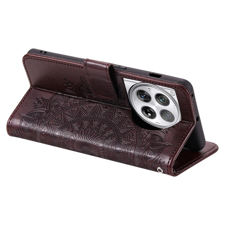 For OnePlus 12 5G Magnetic Phone Case Mandala Flower Imprinted PU Leather+TPU Cover - Brown