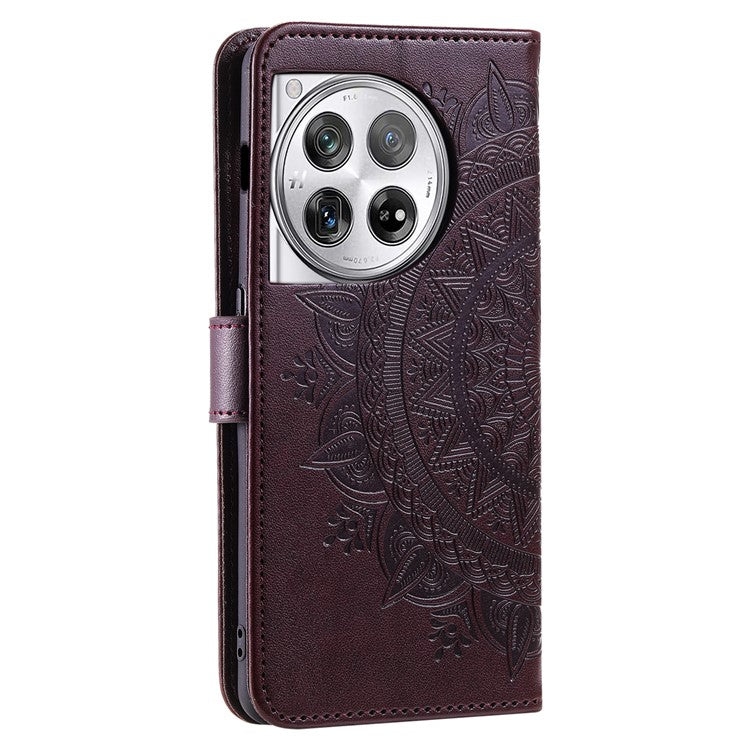 For OnePlus 12 5G Magnetic Phone Case Mandala Flower Imprinted PU Leather+TPU Cover - Brown