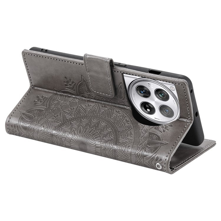 For OnePlus 12 5G Magnetic Phone Case Mandala Flower Imprinted PU Leather+TPU Cover - Grey