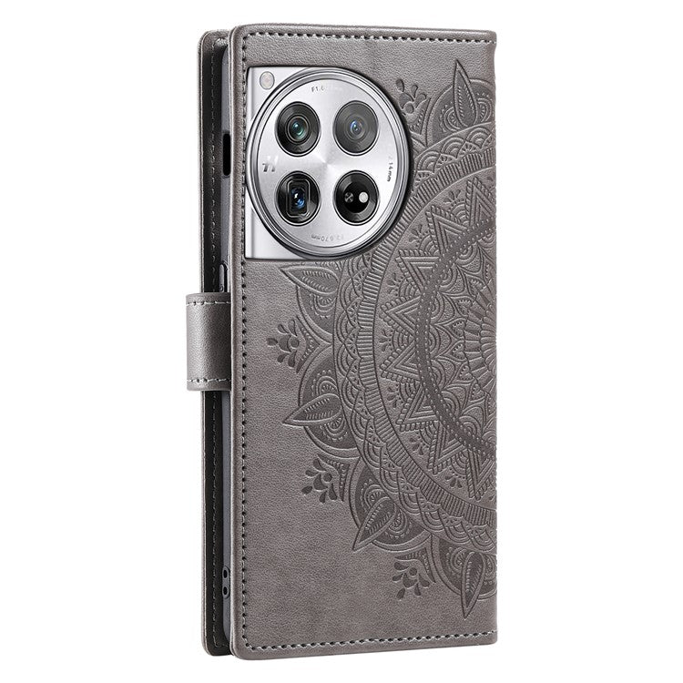 For OnePlus 12 5G Magnetic Phone Case Mandala Flower Imprinted PU Leather+TPU Cover - Grey
