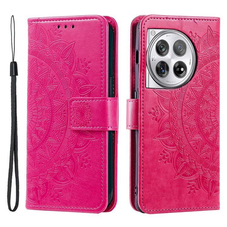 For OnePlus 12 5G Magnetic Phone Case Mandala Flower Imprinted PU Leather+TPU Cover - Rose
