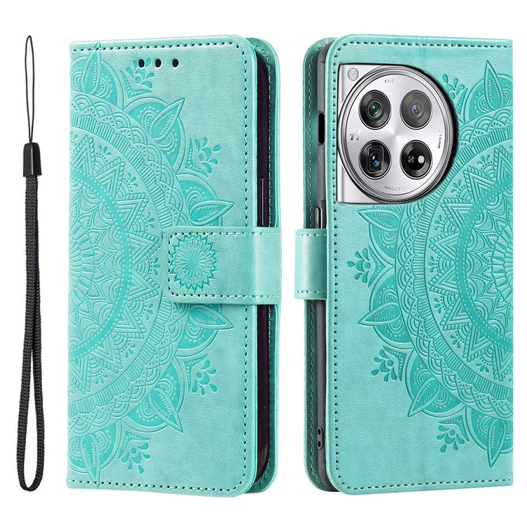 For OnePlus 12 5G Magnetic Phone Case Mandala Flower Imprinted PU Leather+TPU Cover - Green