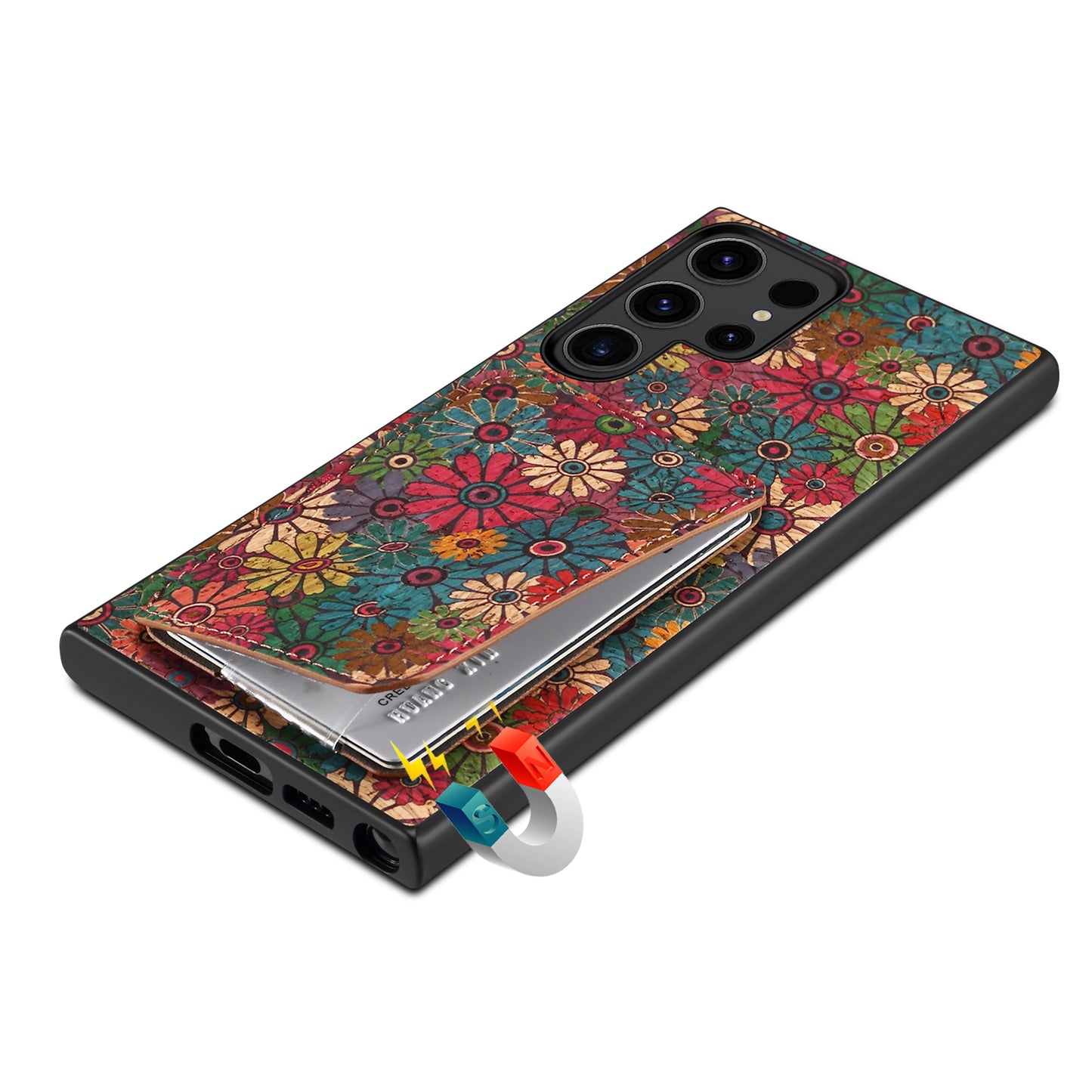 For Samsung Galaxy S24 Ultra Floral Phone Case Card Holder Kickstand Cover - Spring / Green