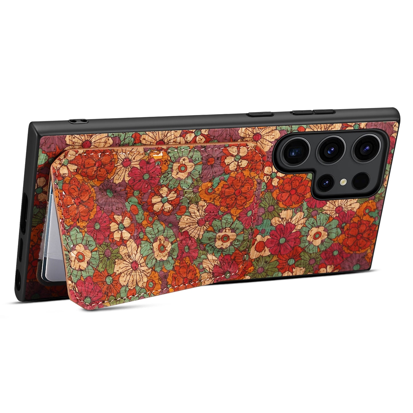 For Samsung Galaxy S24 Ultra Floral Phone Case Card Holder Kickstand Cover - Summer / Red