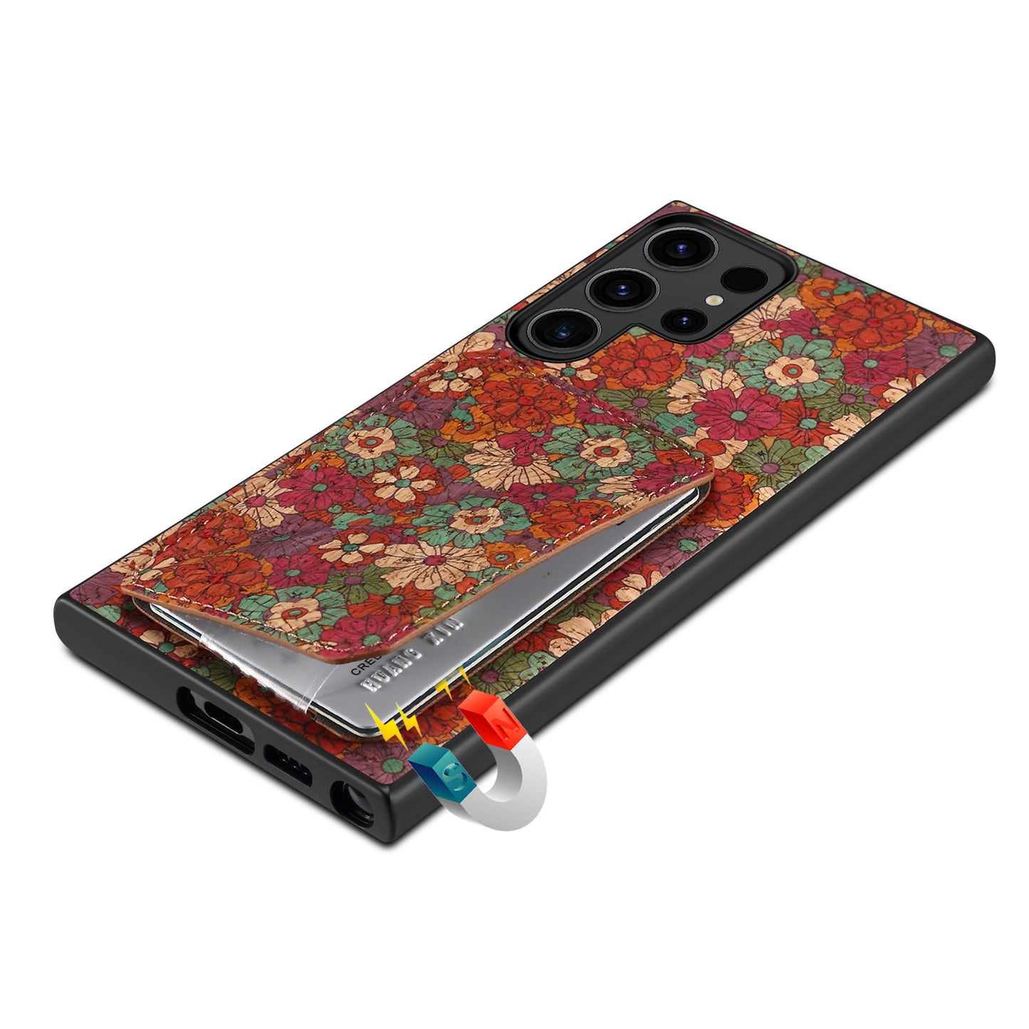 For Samsung Galaxy S24 Ultra Floral Phone Case Card Holder Kickstand Cover - Summer / Red