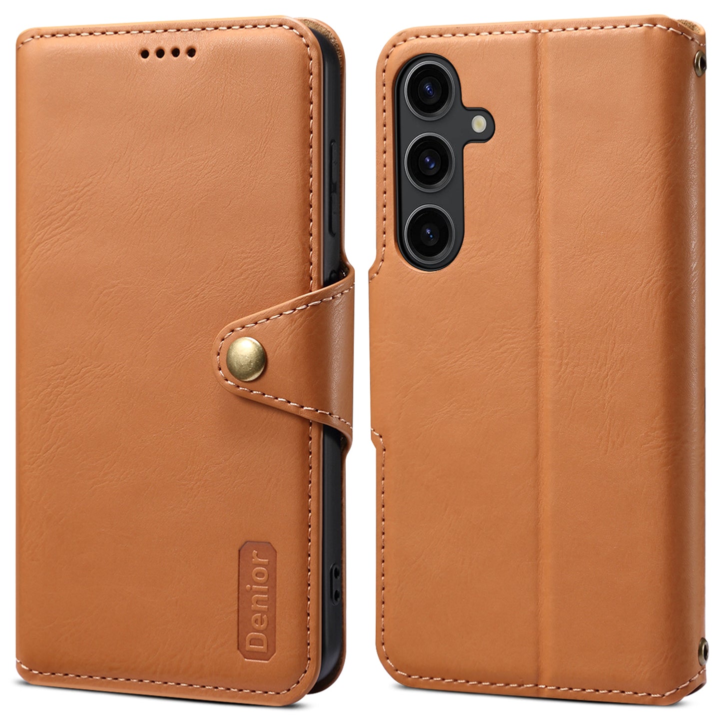 DENIOR For Samsung Galaxy S24+ Phone Case Cowhide Texture Leather Wallet Cover - Khaki