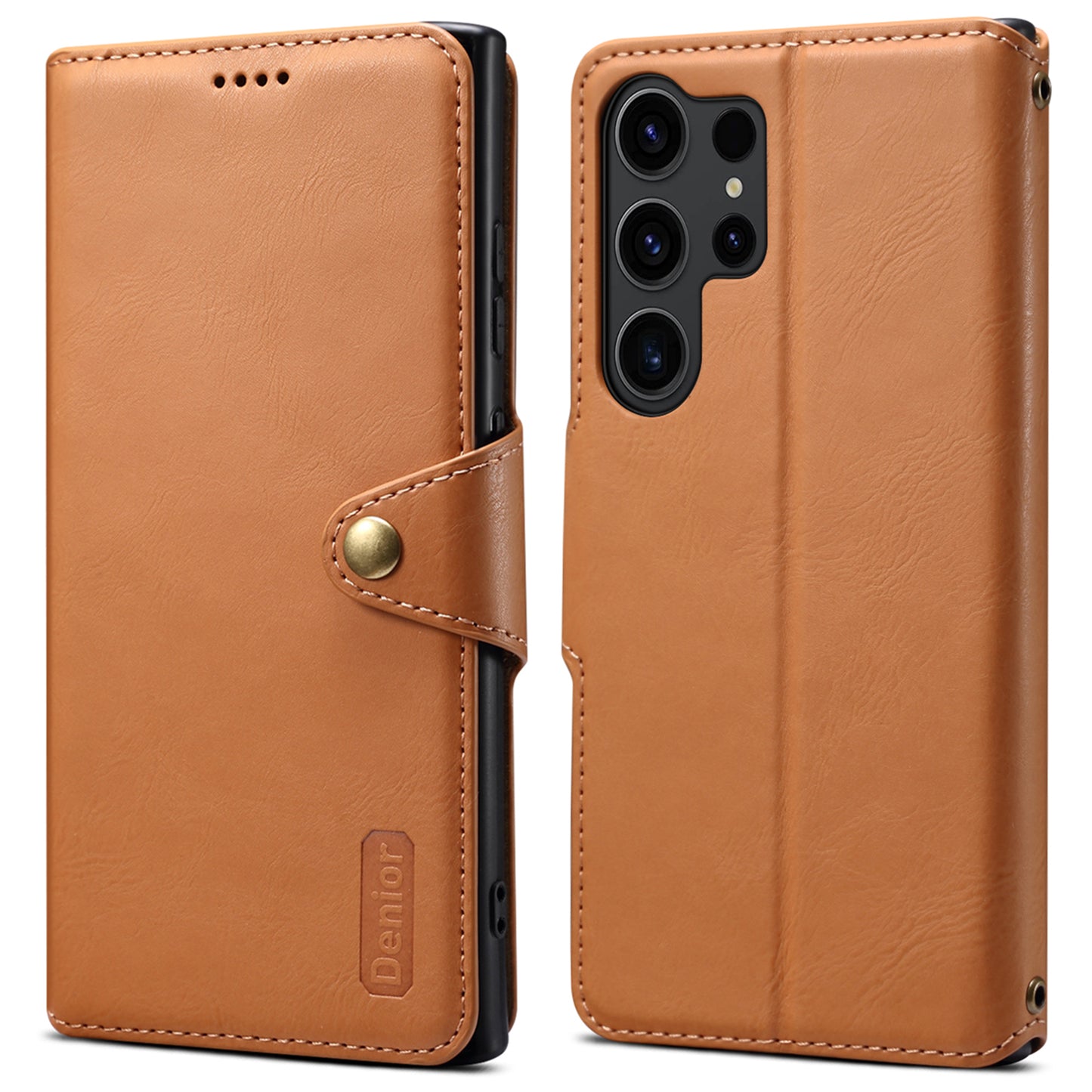 DENIOR For Samsung Galaxy S24 Ultra Case Cowhide Texture Leather Wallet Cover - Khaki
