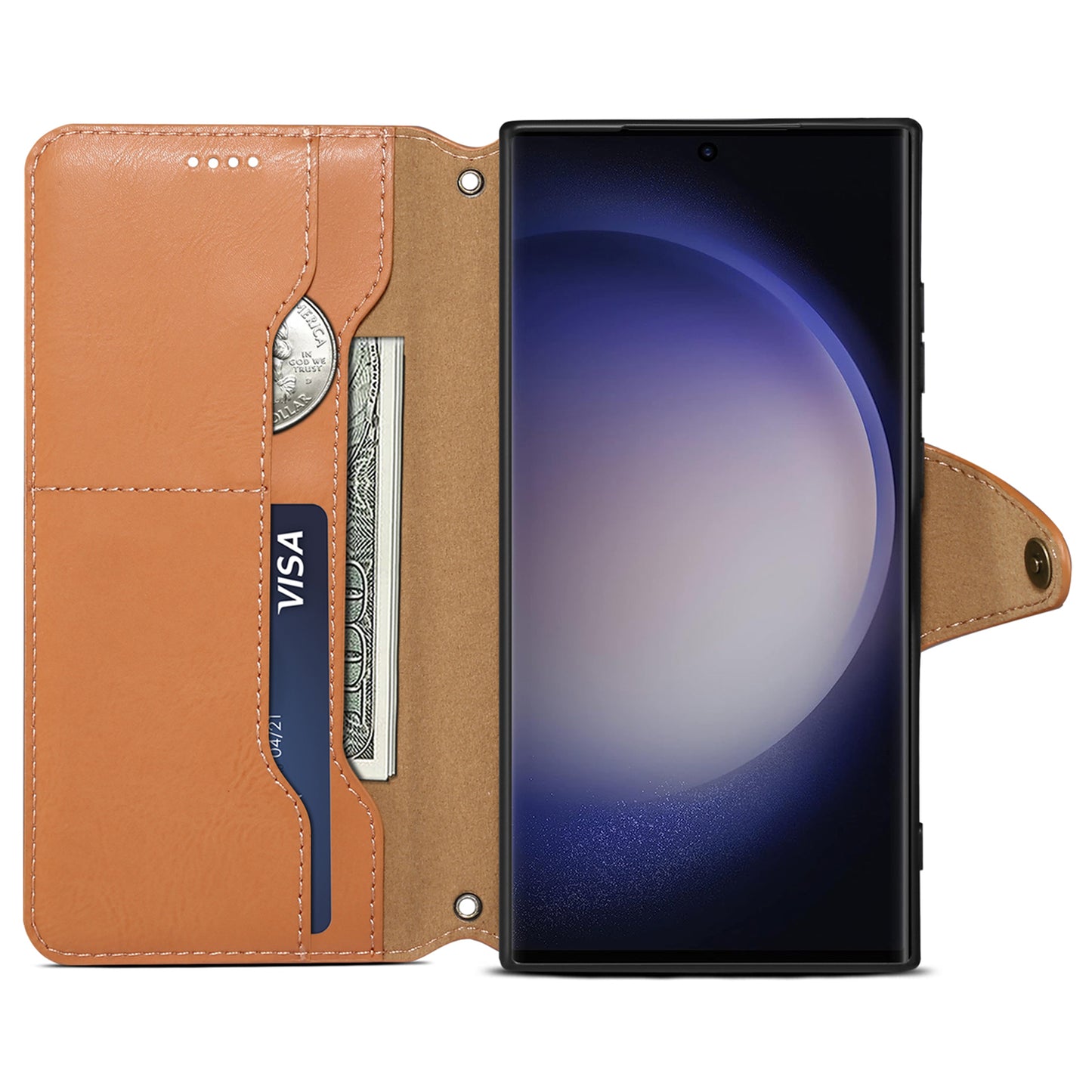 DENIOR For Samsung Galaxy S24 Ultra Case Cowhide Texture Leather Wallet Cover - Khaki