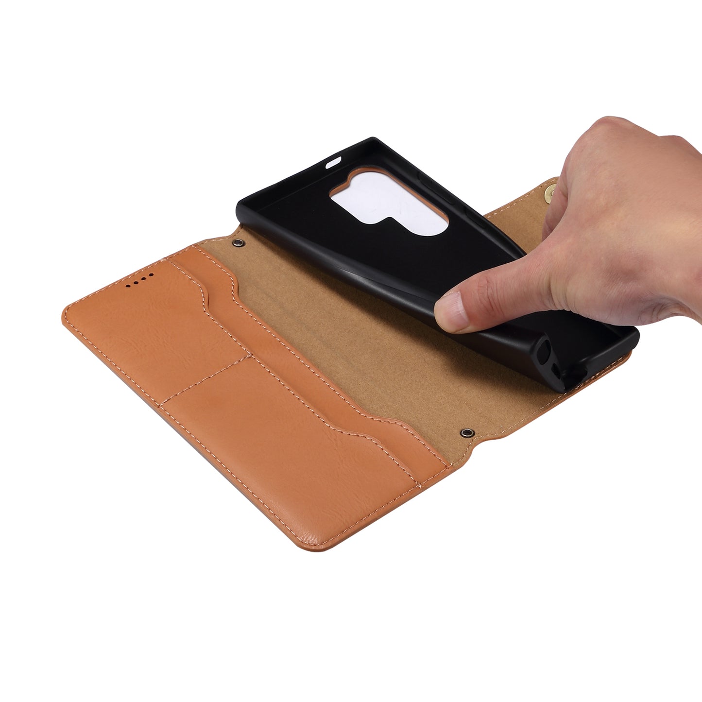 DENIOR For Samsung Galaxy S24 Ultra Case Cowhide Texture Leather Wallet Cover - Khaki