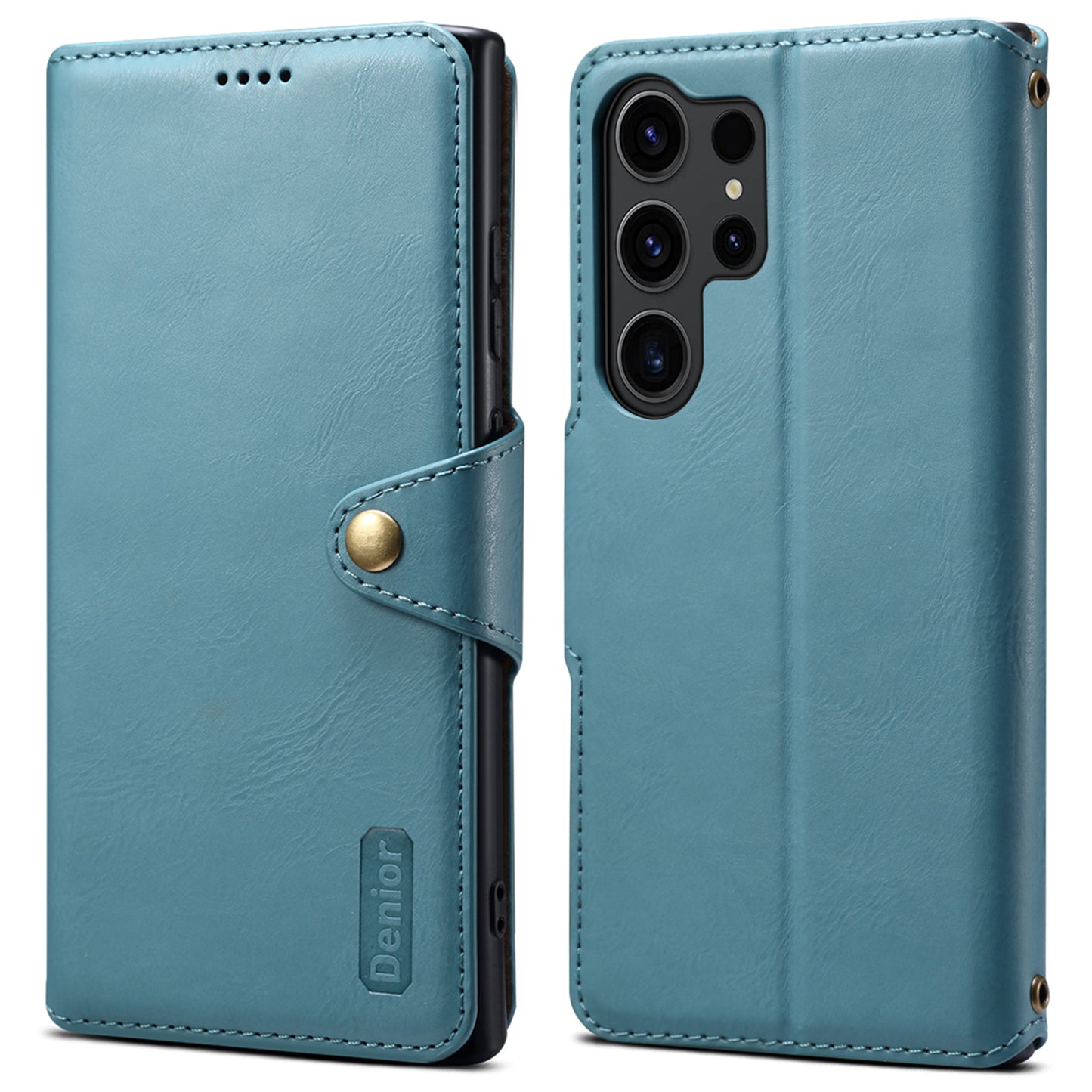 DENIOR For Samsung Galaxy S24 Ultra Case Cowhide Texture Leather Wallet Cover - Blue