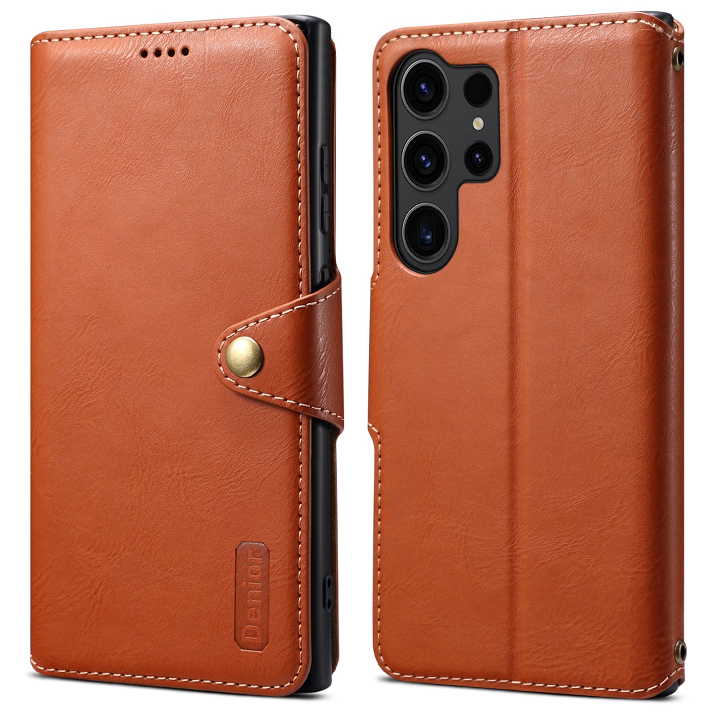 DENIOR For Samsung Galaxy S24 Ultra Case Cowhide Texture Leather Wallet Cover - Brown