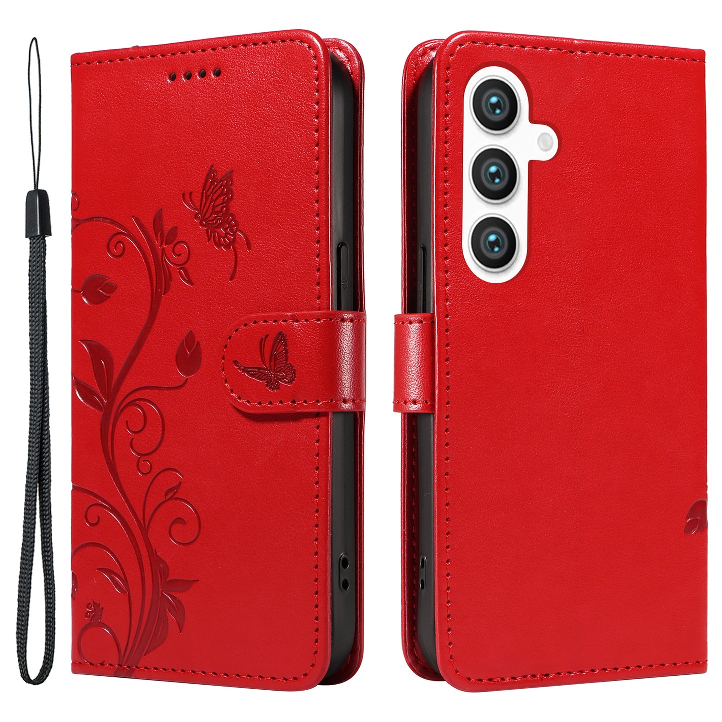 For Samsung Galaxy S24 Flower Blossom Theme Phone Case PU Leather Wallet Flip Cover - Red