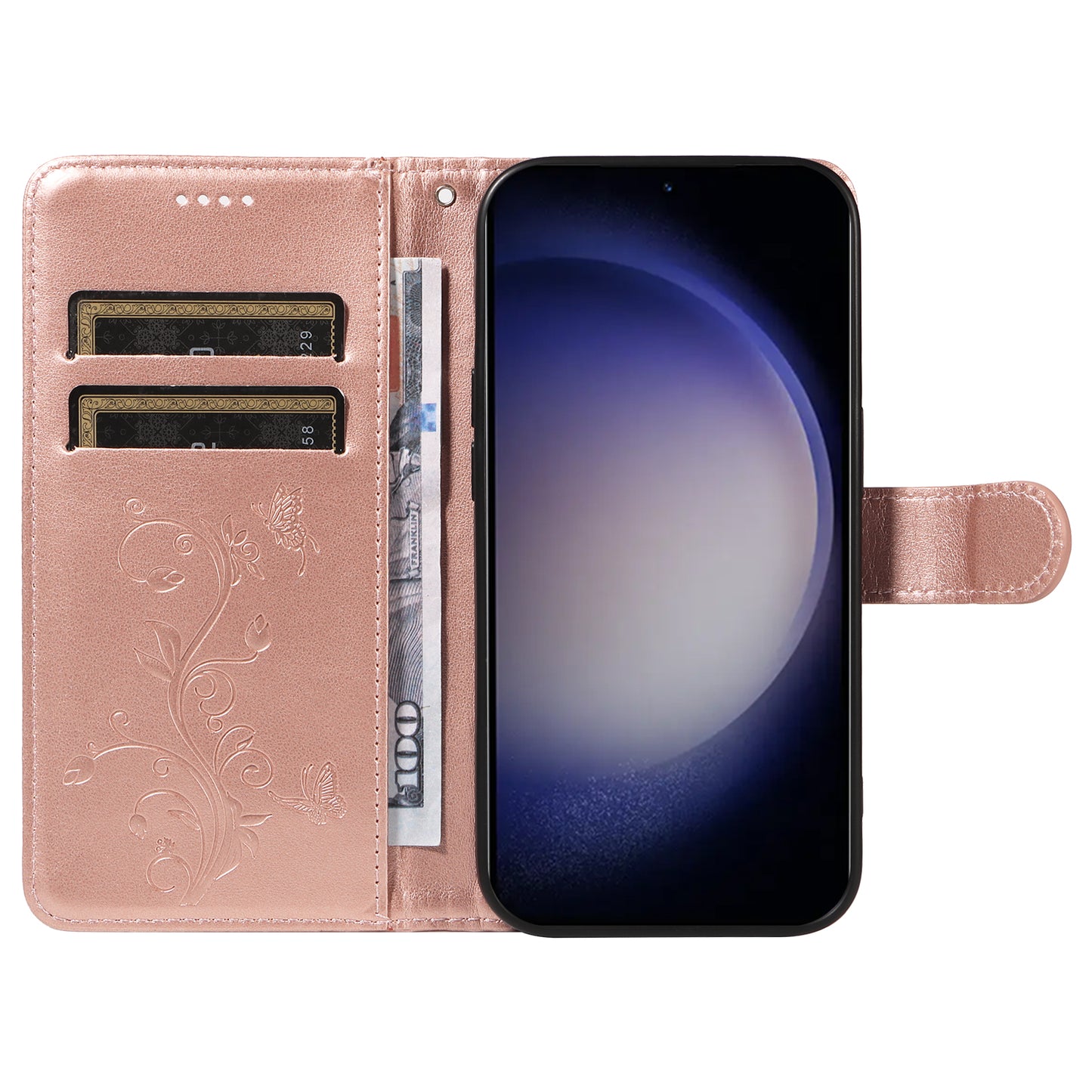 For Samsung Galaxy S24 Flower Blossom Theme Phone Case PU Leather Wallet Flip Cover - Rose Gold