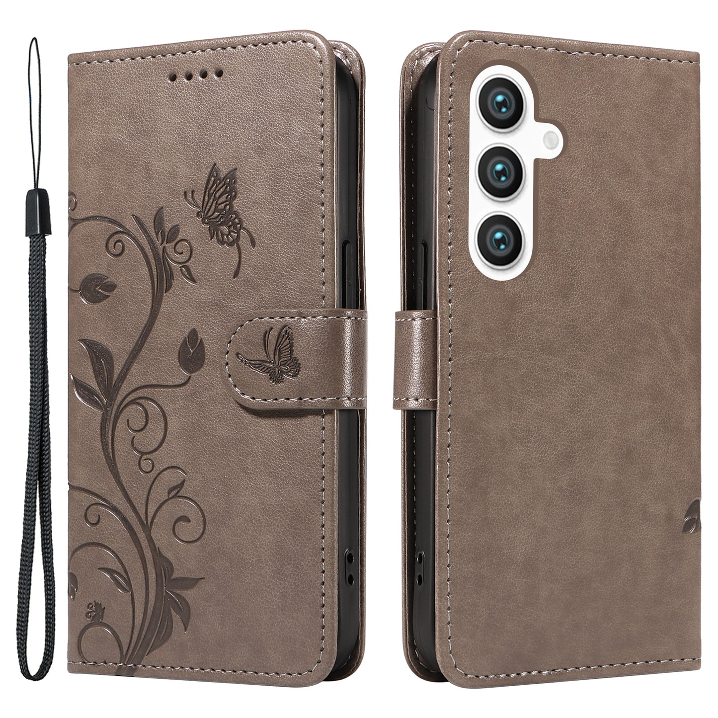 For Samsung Galaxy S24 Flower Blossom Theme Phone Case PU Leather Wallet Flip Cover - Grey