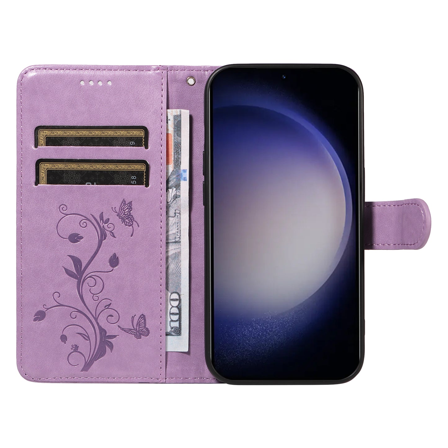 For Samsung Galaxy S24 Flower Blossom Theme Phone Case PU Leather Wallet Flip Cover - Purple