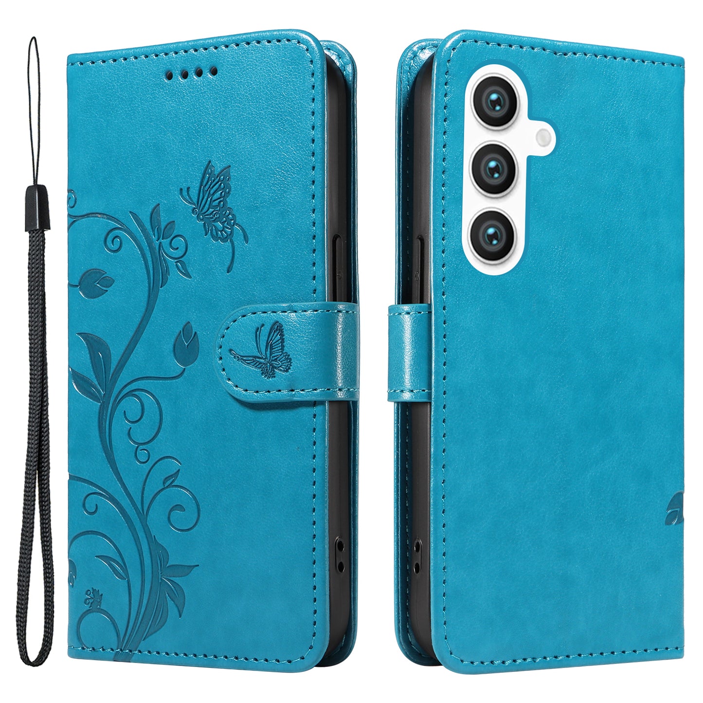 For Samsung Galaxy S24 Flower Blossom Theme Phone Case PU Leather Wallet Flip Cover - Blue
