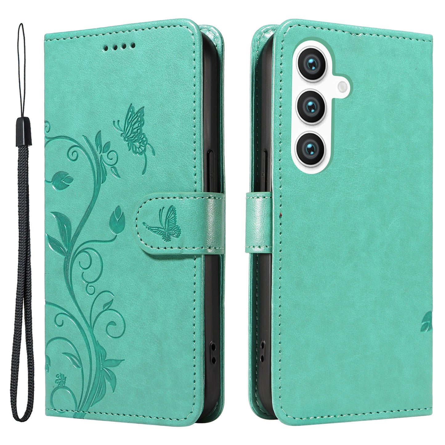 For Samsung Galaxy S24 Flower Blossom Theme Phone Case PU Leather Wallet Flip Cover - Green