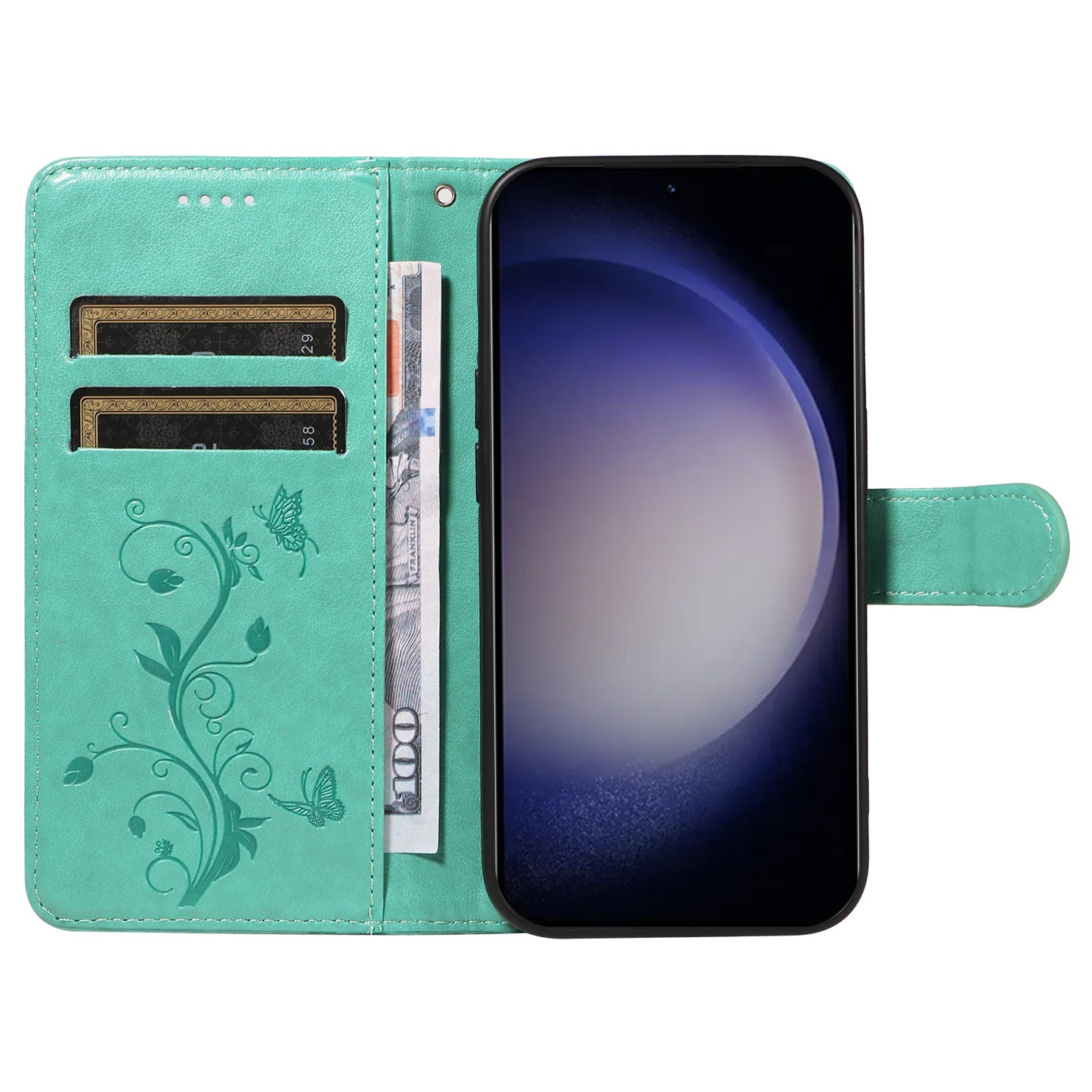For Samsung Galaxy S24 Flower Blossom Theme Phone Case PU Leather Wallet Flip Cover - Green