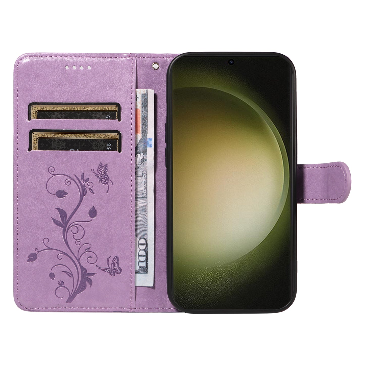 For Samsung Galaxy S24+ Phone Case with Wrist Strap Imprinted Butterfly Flower Stand Cover - Purple