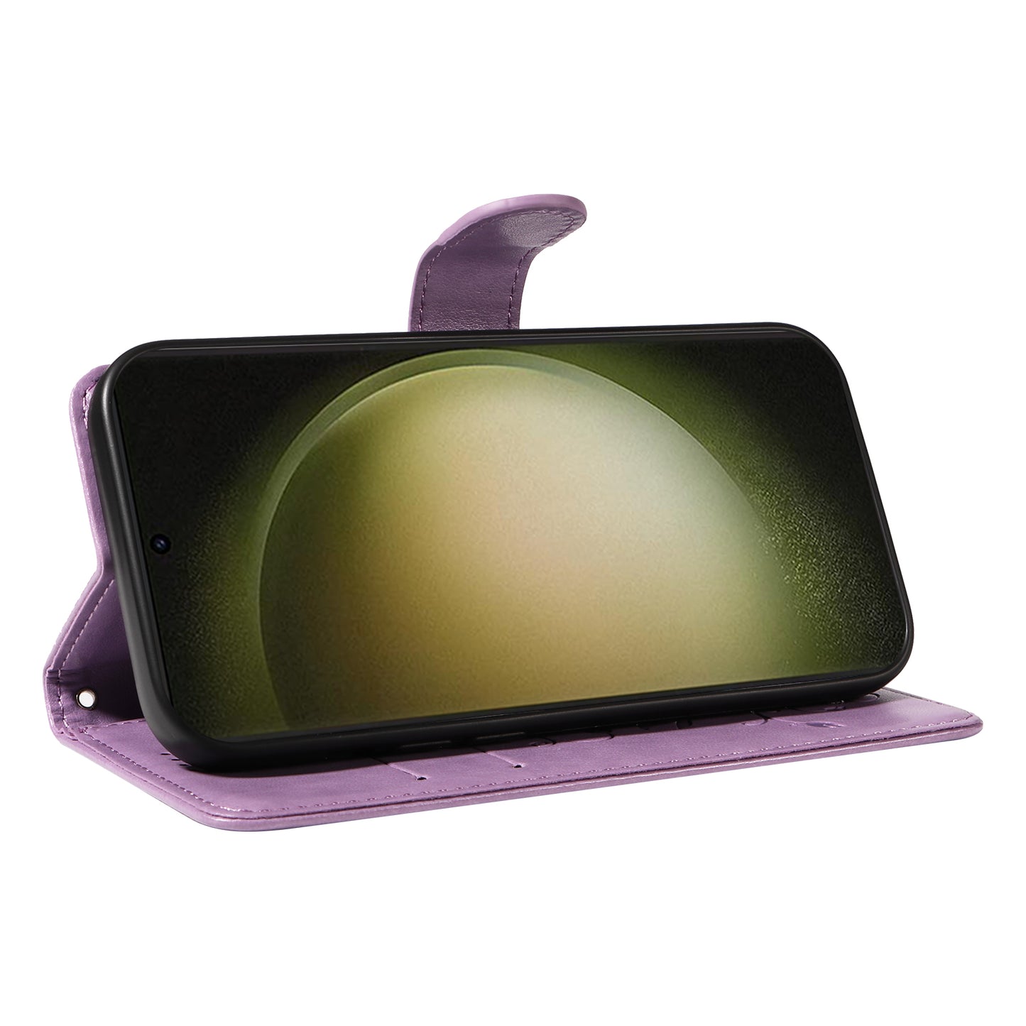 For Samsung Galaxy S24+ Phone Case with Wrist Strap Imprinted Butterfly Flower Stand Cover - Purple