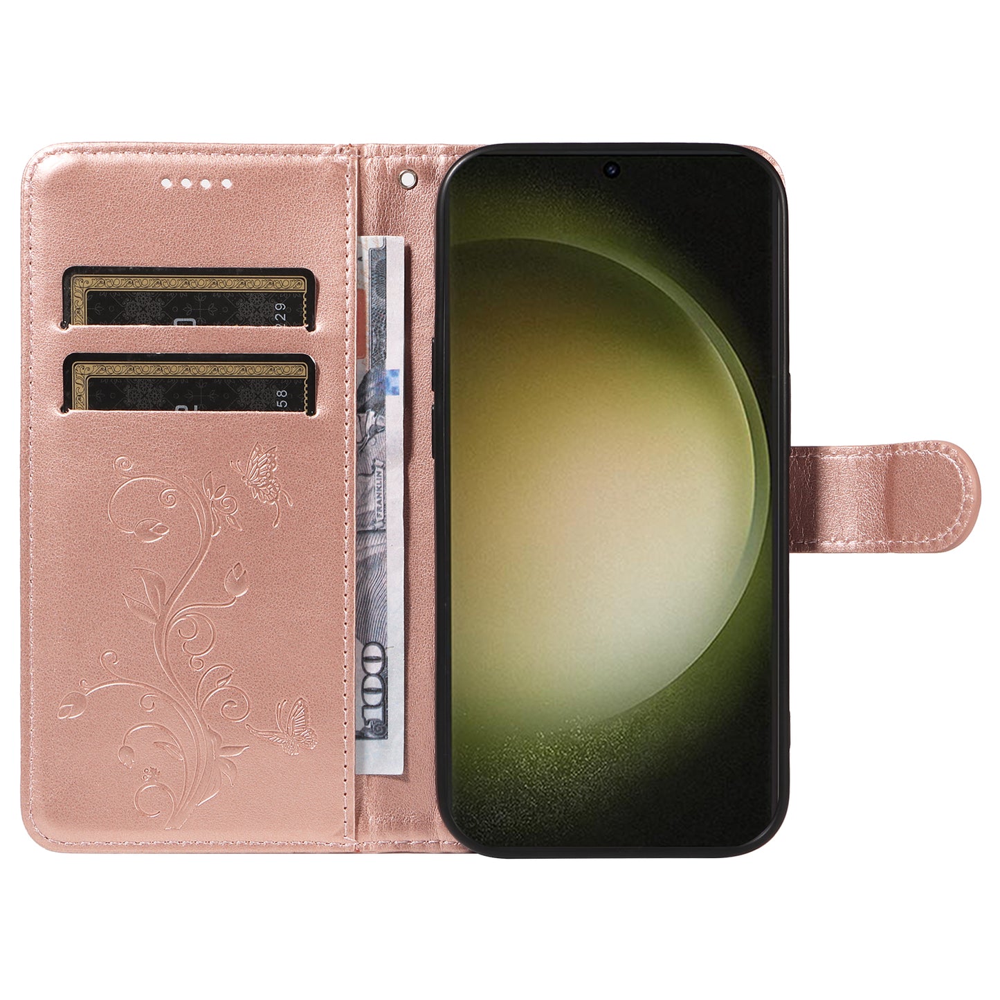 For Samsung Galaxy S24+ Phone Case with Wrist Strap Imprinted Butterfly Flower Stand Cover - Rose Gold
