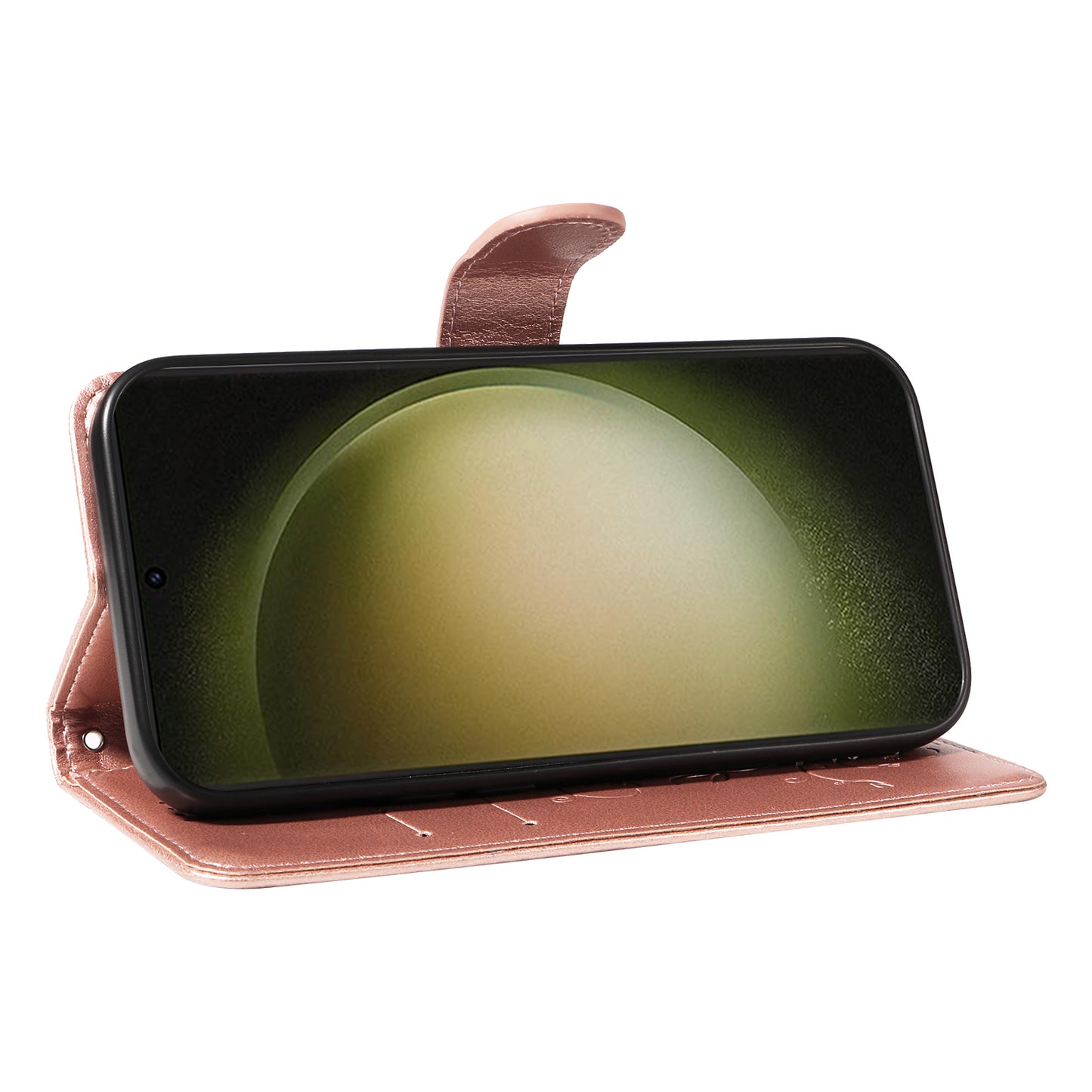 For Samsung Galaxy S24+ Phone Case with Wrist Strap Imprinted Butterfly Flower Stand Cover - Rose Gold