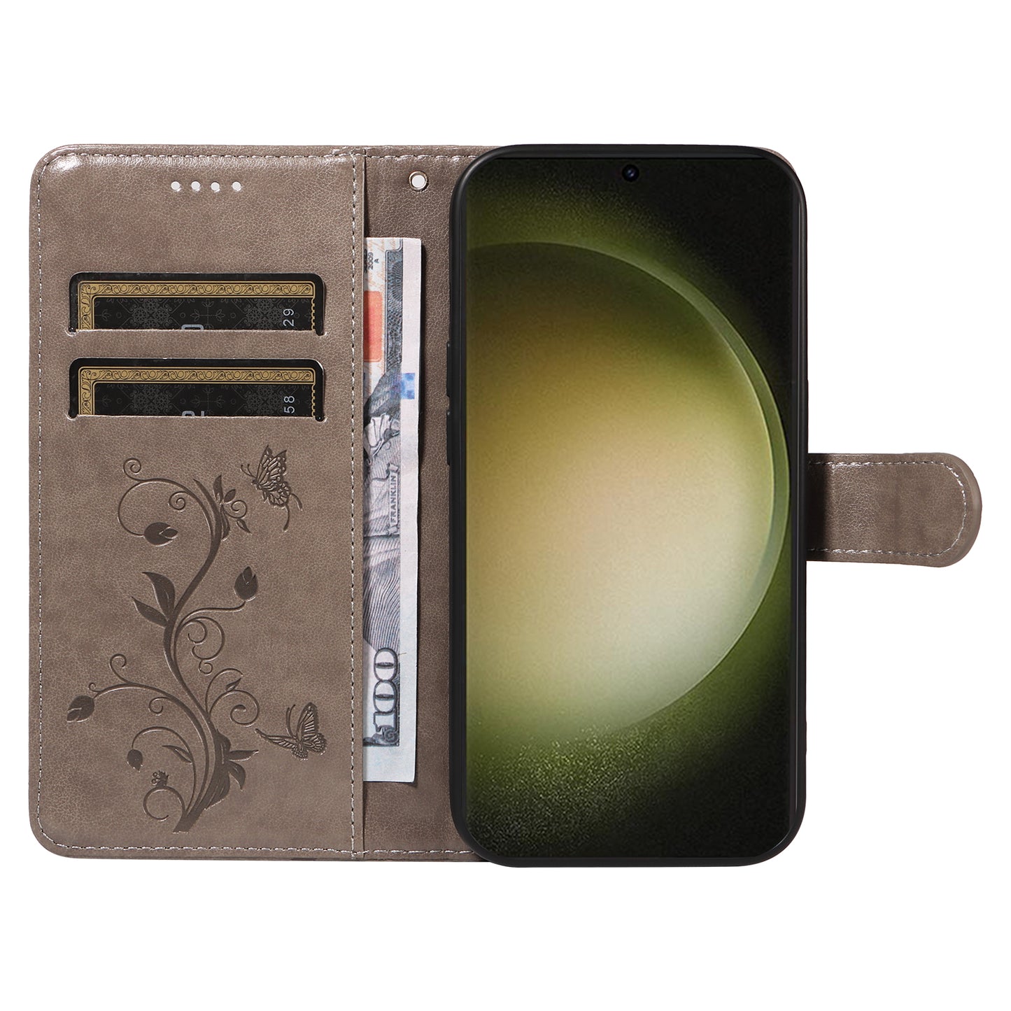 For Samsung Galaxy S24+ Phone Case with Wrist Strap Imprinted Butterfly Flower Stand Cover - Grey
