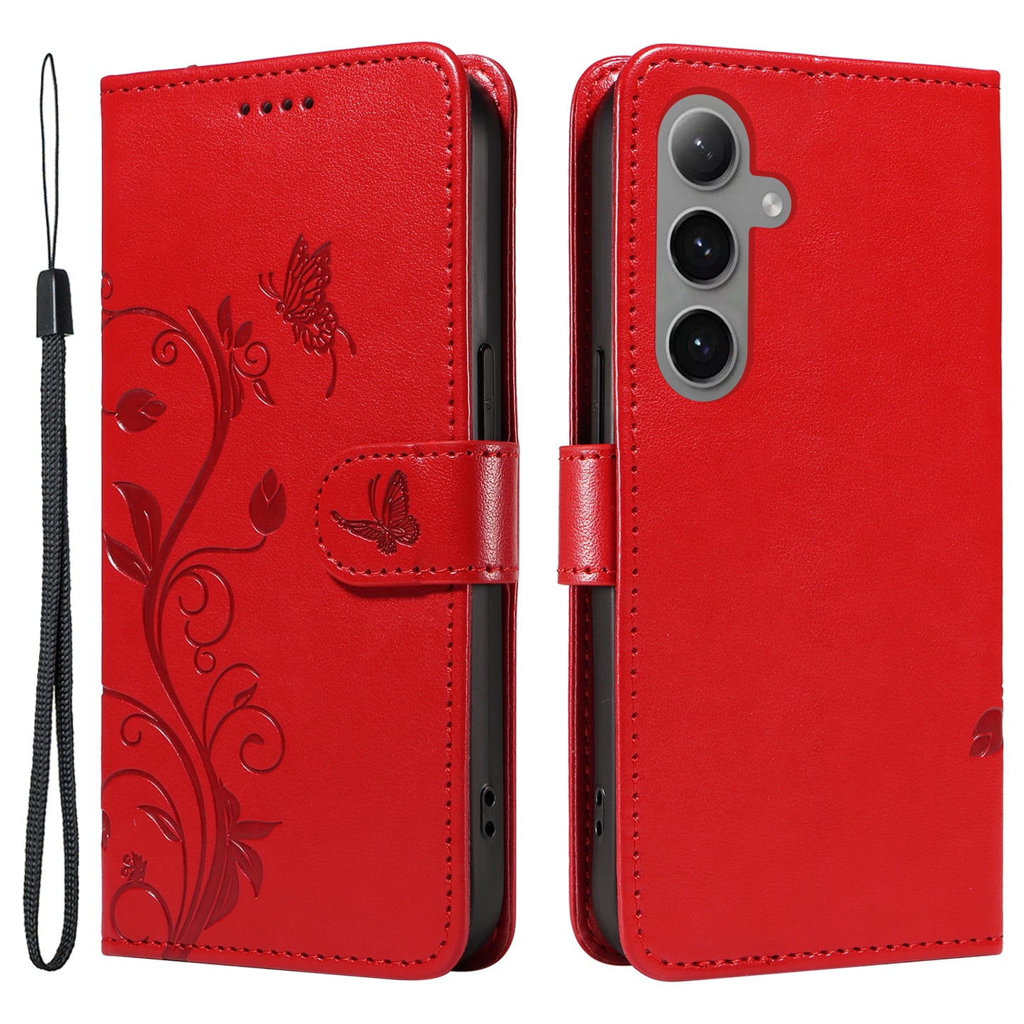 For Samsung Galaxy S24+ Phone Case with Wrist Strap Imprinted Butterfly Flower Stand Cover - Red